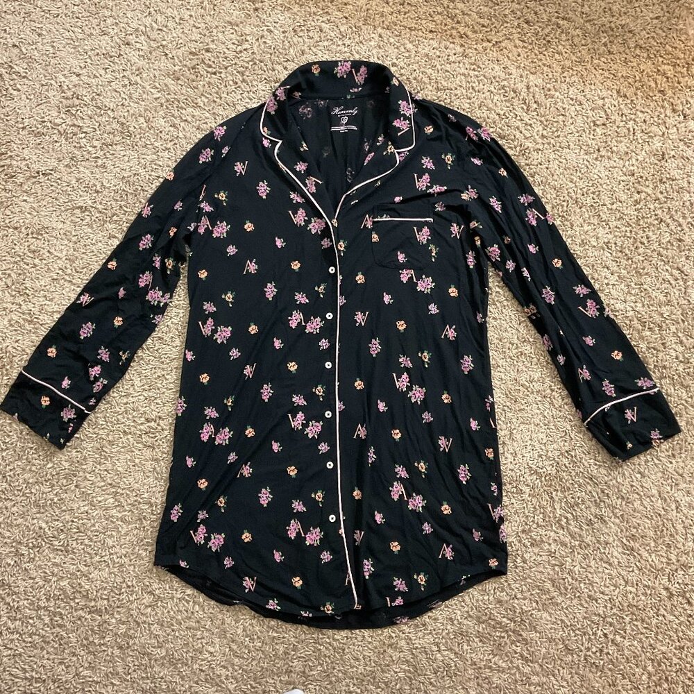 VS Heavenly Soft Modal Long Sleeve Button Sleep Shirt Nightgown, Black Floral, M